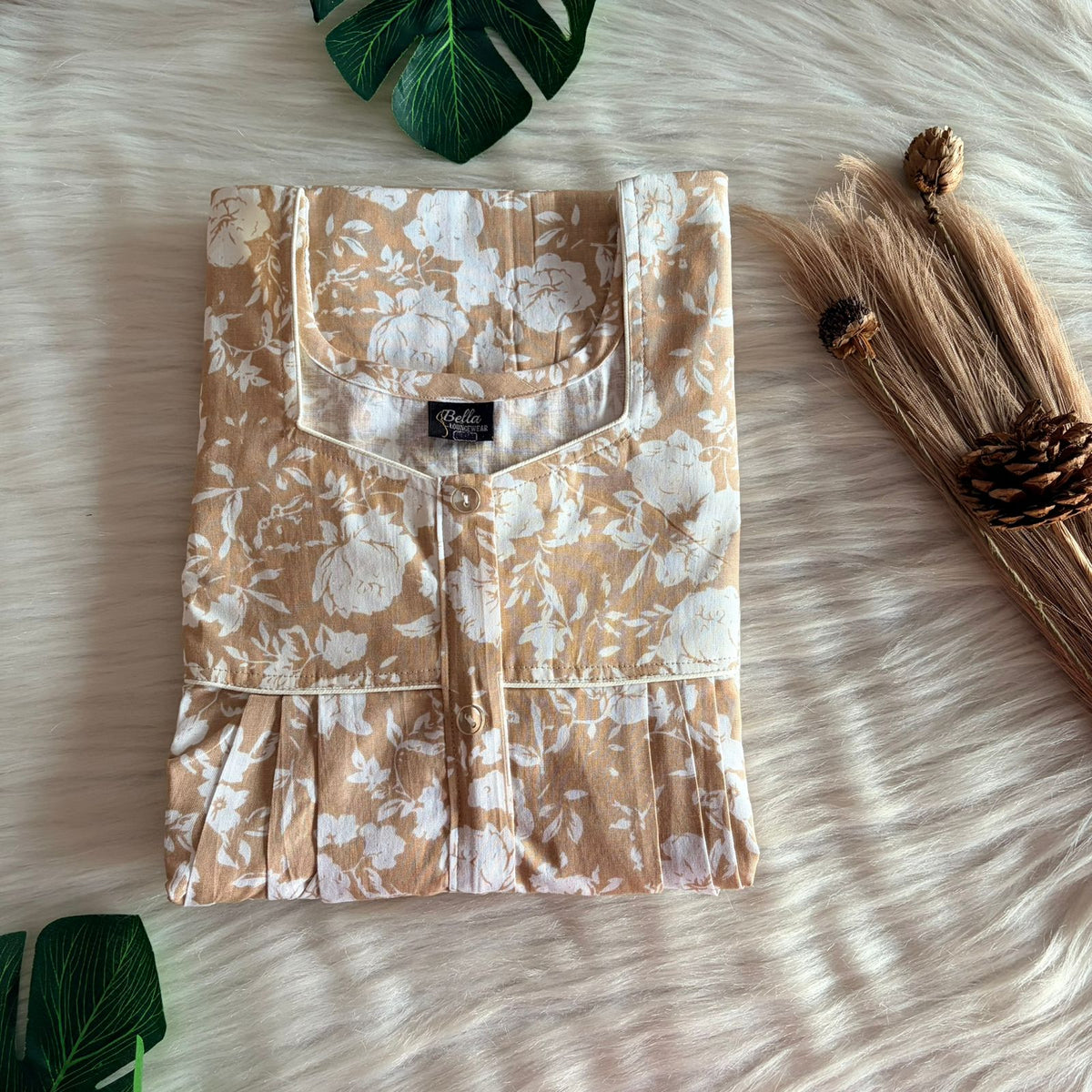Brown And White Floral Printed Premium Cotton Button Zip Nighty | Free Size | Chest Width 44″| Length 55″-56″