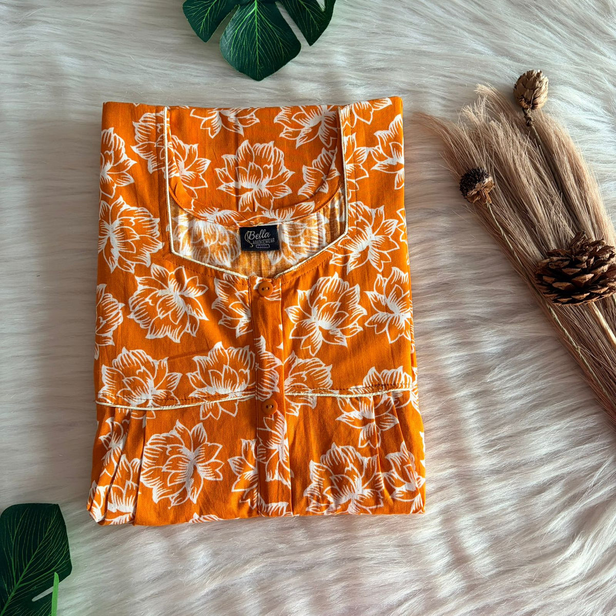 Marigold Yellow Floral Printed Premium Cotton Button Zip Nighty | Free Size | Chest Width 44″| Length 55″-56″