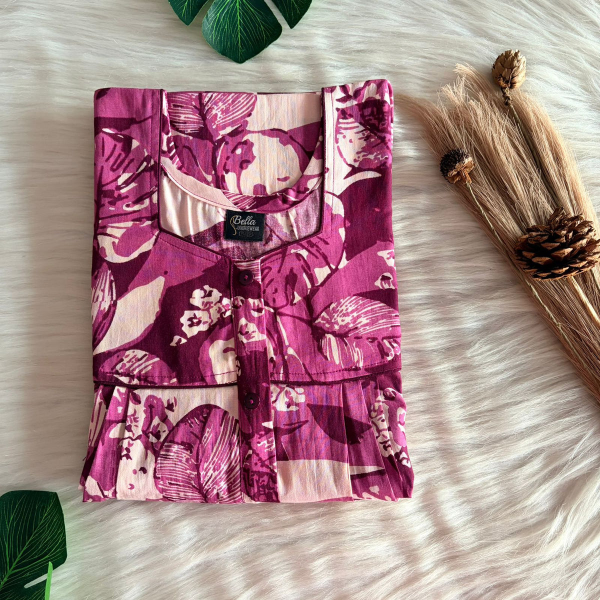 Mauve Pink Leaf Printed Premium Cotton Button Zip Nighty | Free Size | Chest Width 44″| Length 55″-56″