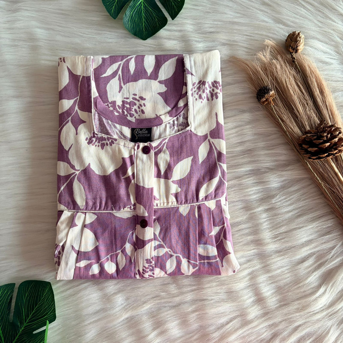 Lavender And White Floral Printed Premium Cotton Button Zip Nighty | Free Size | Chest Width 44″| Length 55″-56″