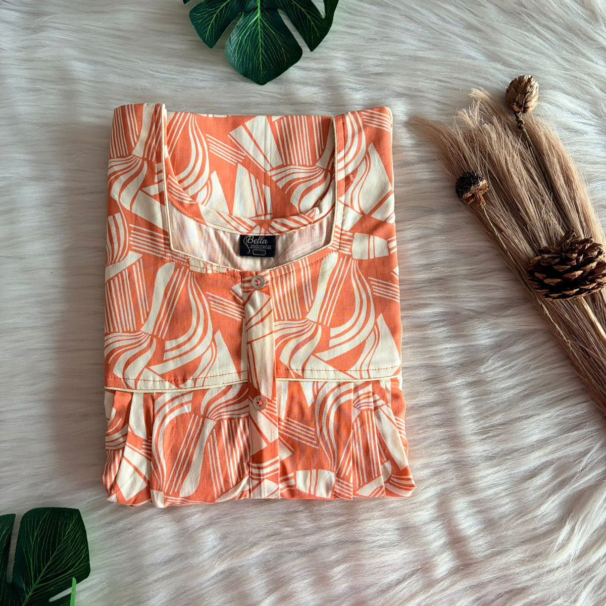 Pastel Orange And Cream Printed Premium Cotton Button Zip Nighty | Free Size | Chest Width 44″| Length 55″-56″