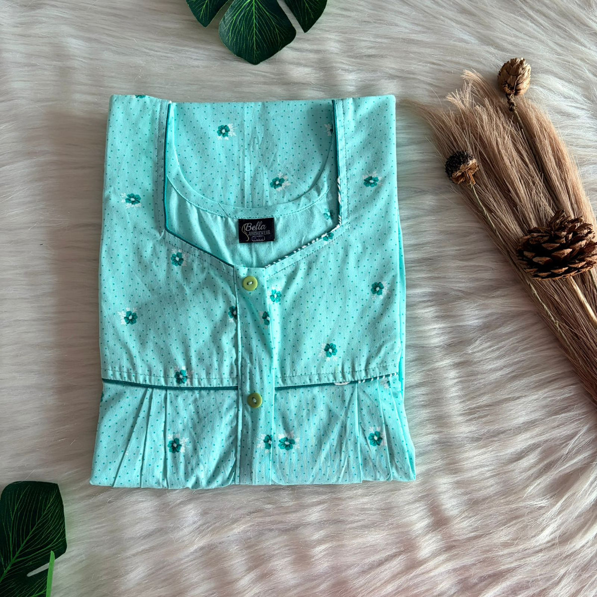 Aqua Blue Floral Printed Pure Cotton Button Zip Nighty | Free Size | Chest Width 44″| Length 55″-56″