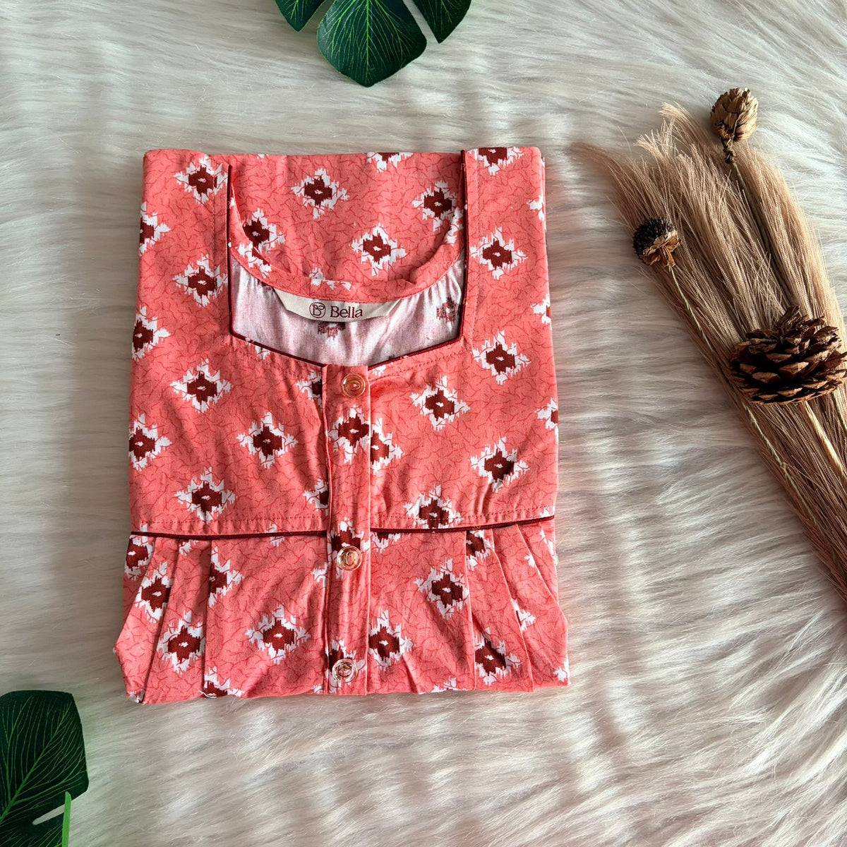 Orange Ikat Printed Pure Cotton Button Zip Nighty | Free Size | Chest Width 44″| Length 55″-56″