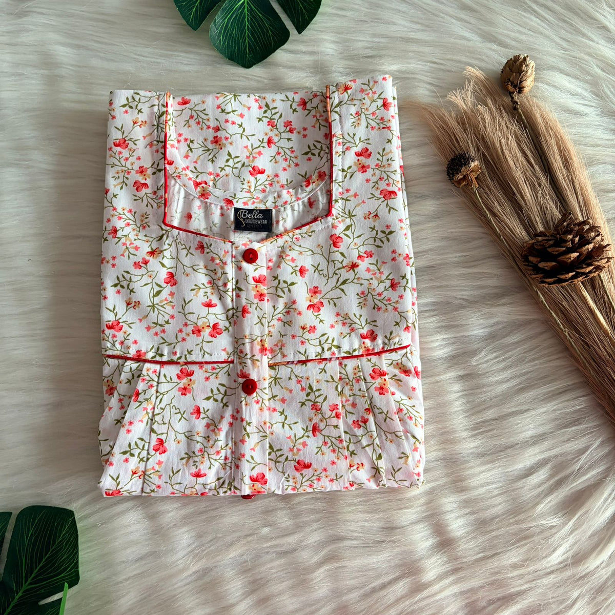 White Floral Printed Pure Cotton Button Zip Nighty | Free Size | Chest Width 44″| Length 55″-56″