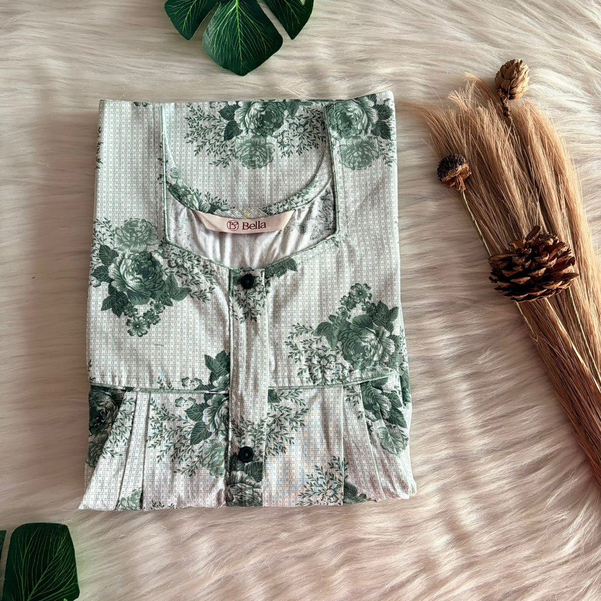 Green Floral Printed Pure Cotton Button Zip Nighty | Free Size | Chest Width 44″| Length 55″-56″
