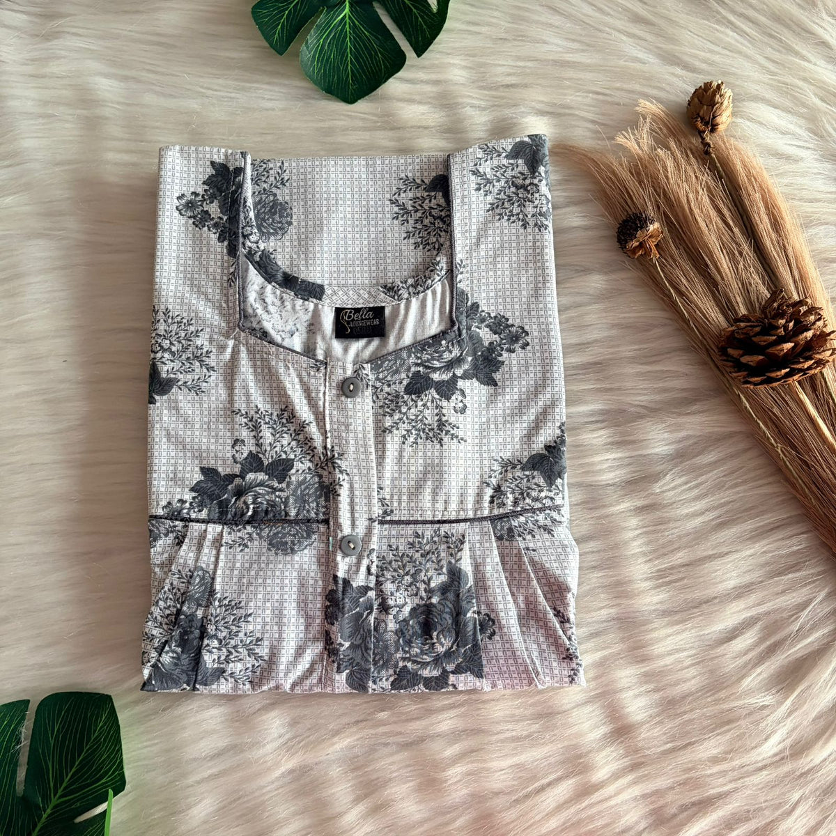 Grey Floral Printed Pure Cotton Button Zip Nighty | Free Size | Chest Width 44″| Length 55″-56″