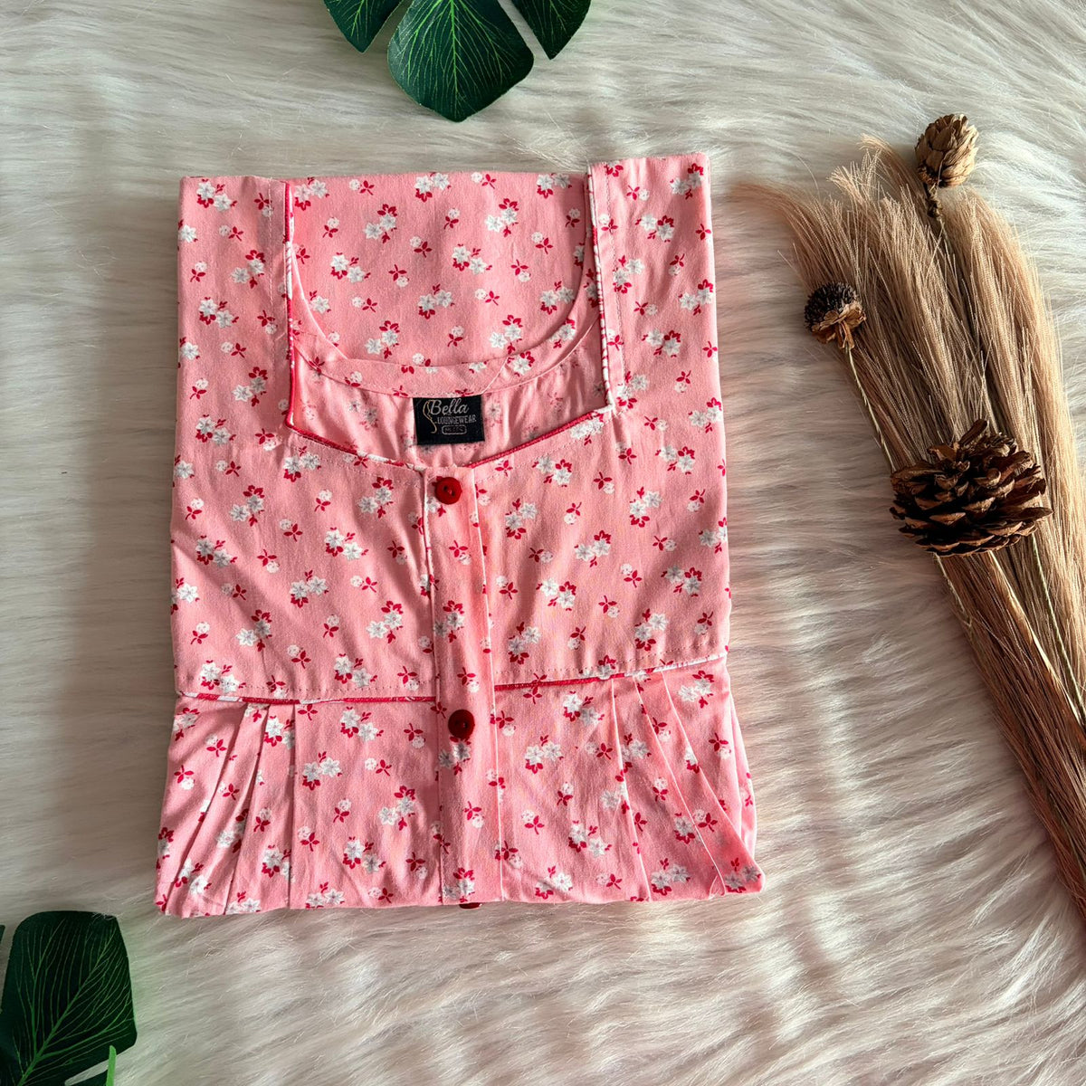 Pastel Peach Floral Printed Pure Cotton Plus Size Button Zip Nighty | Chest Width 50″| Length 55″-56″