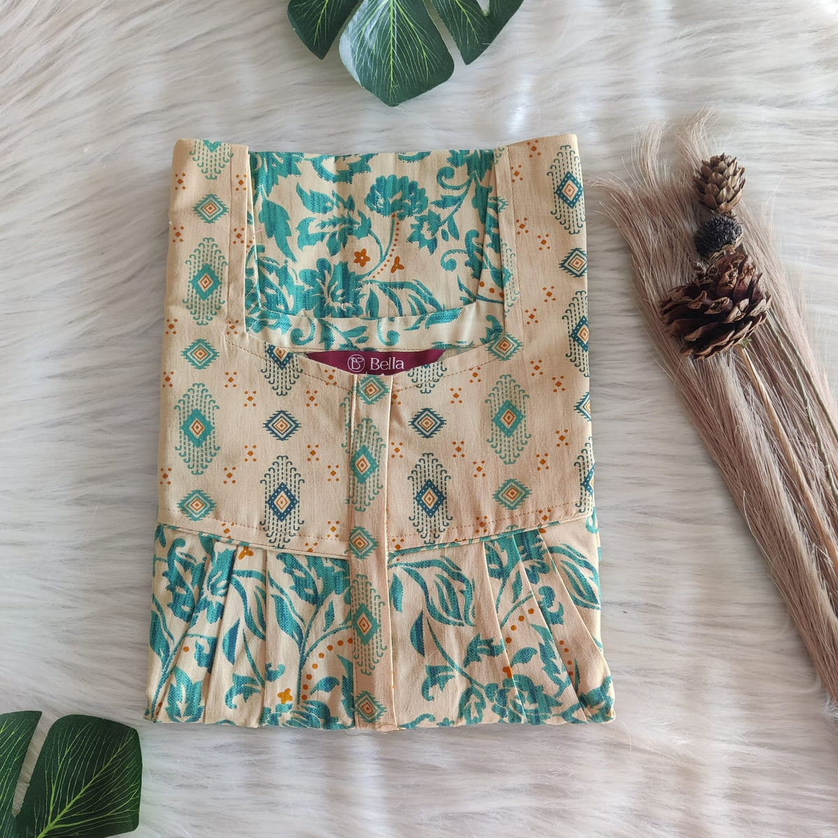 Yellow And Green Premium Cotton Square Neck Pleated Nighty | Free Size | Chest Width 44″| Length 55″-56″