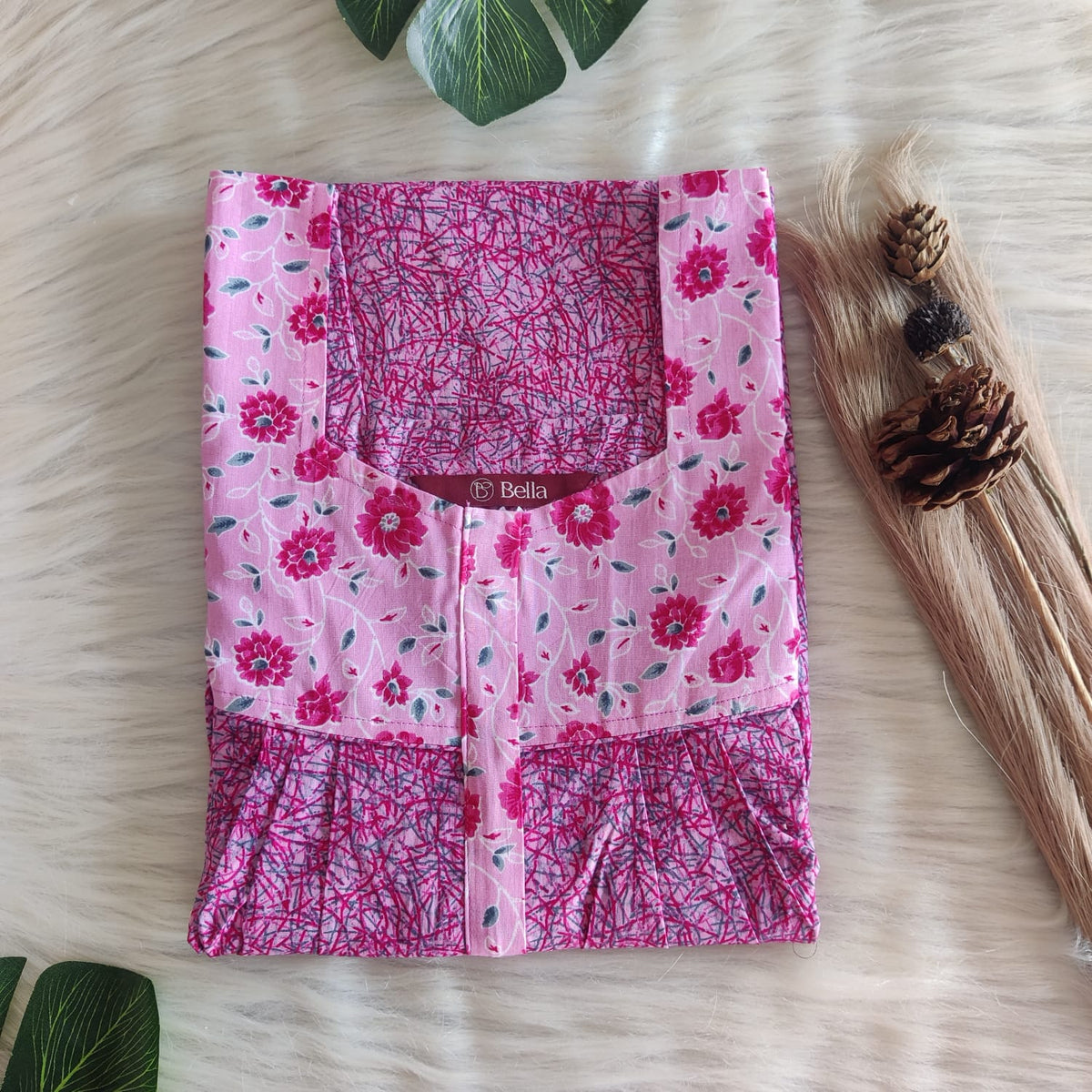 Pale And Dark Pink Premium Cotton Square Neck Pleated Nighty | Free Size | Chest Width 44″| Length 55″-56″