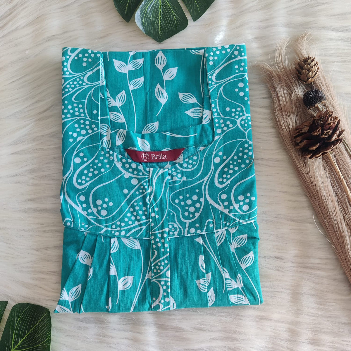 Green And White Leaf Premium Cotton Square Neck Pleated Nighty | Free Size | Chest Width 44″| Length 55″-56″