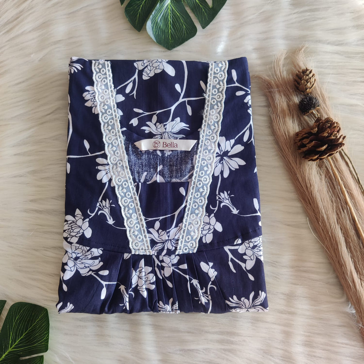 Navy-Blue And White Floral Printed Premium Cotton V-Neck Lace Pleated Nighty | No Zip | Free Size | Chest Width 44″| Length 56″