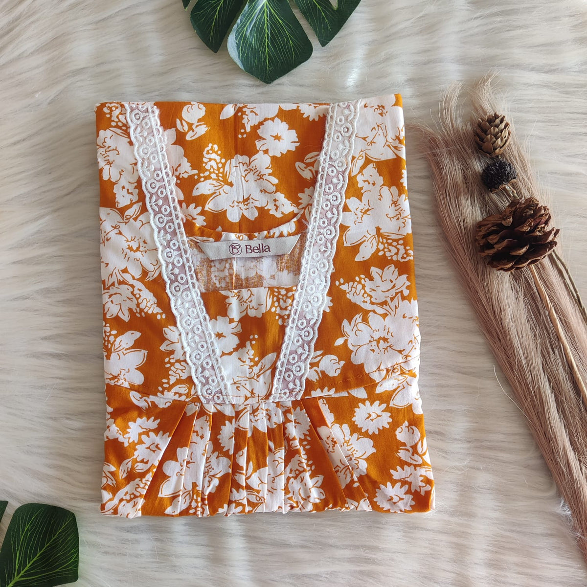 Orange And White Floral Printed Premium Cotton V-Neck Lace Pleated Nighty | No Zip | Free Size | Chest Width 44″| Length 56″