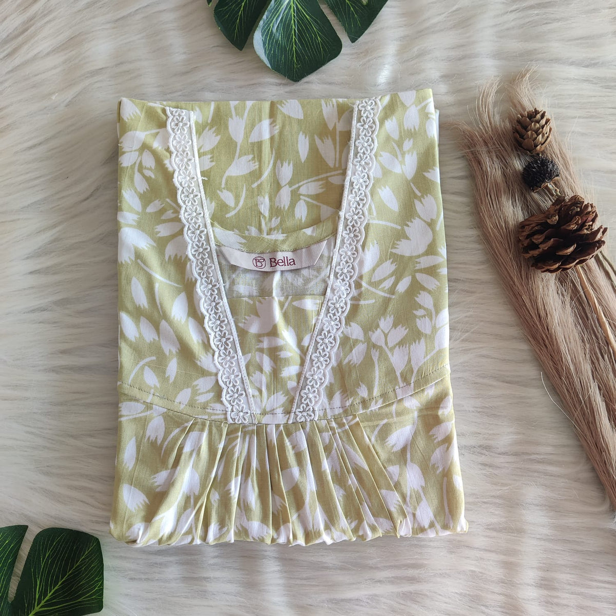 Pastel Green And White Leaf Printed Premium Cotton V-Neck Lace Pleated Nighty | No Zip | Free Size | Chest Width 44″| Length 56″