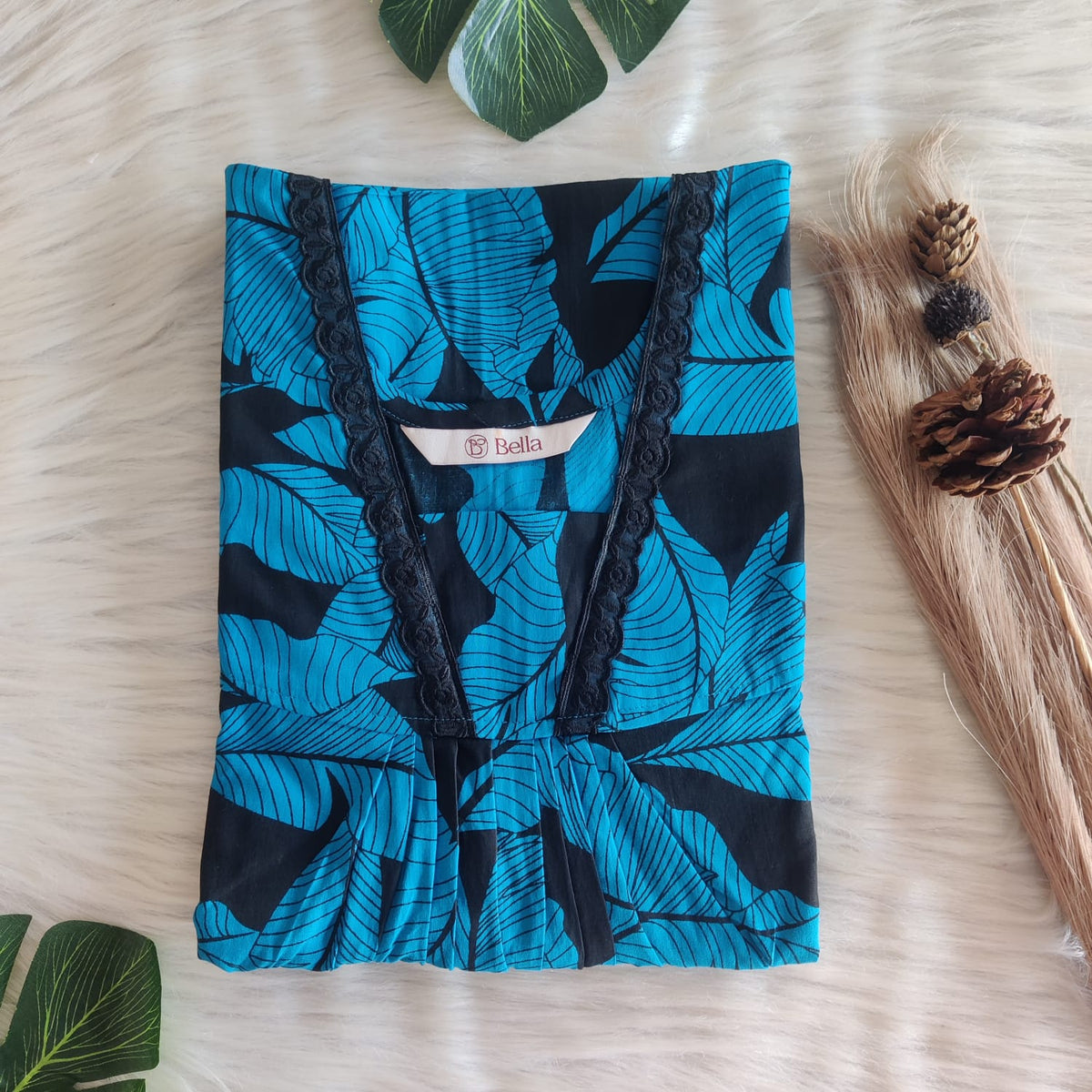 Blue And Black Printed Premium Cotton V-Neck Lace Pleated Nighty | No Zip | Free Size | Chest Width 44″| Length 56″