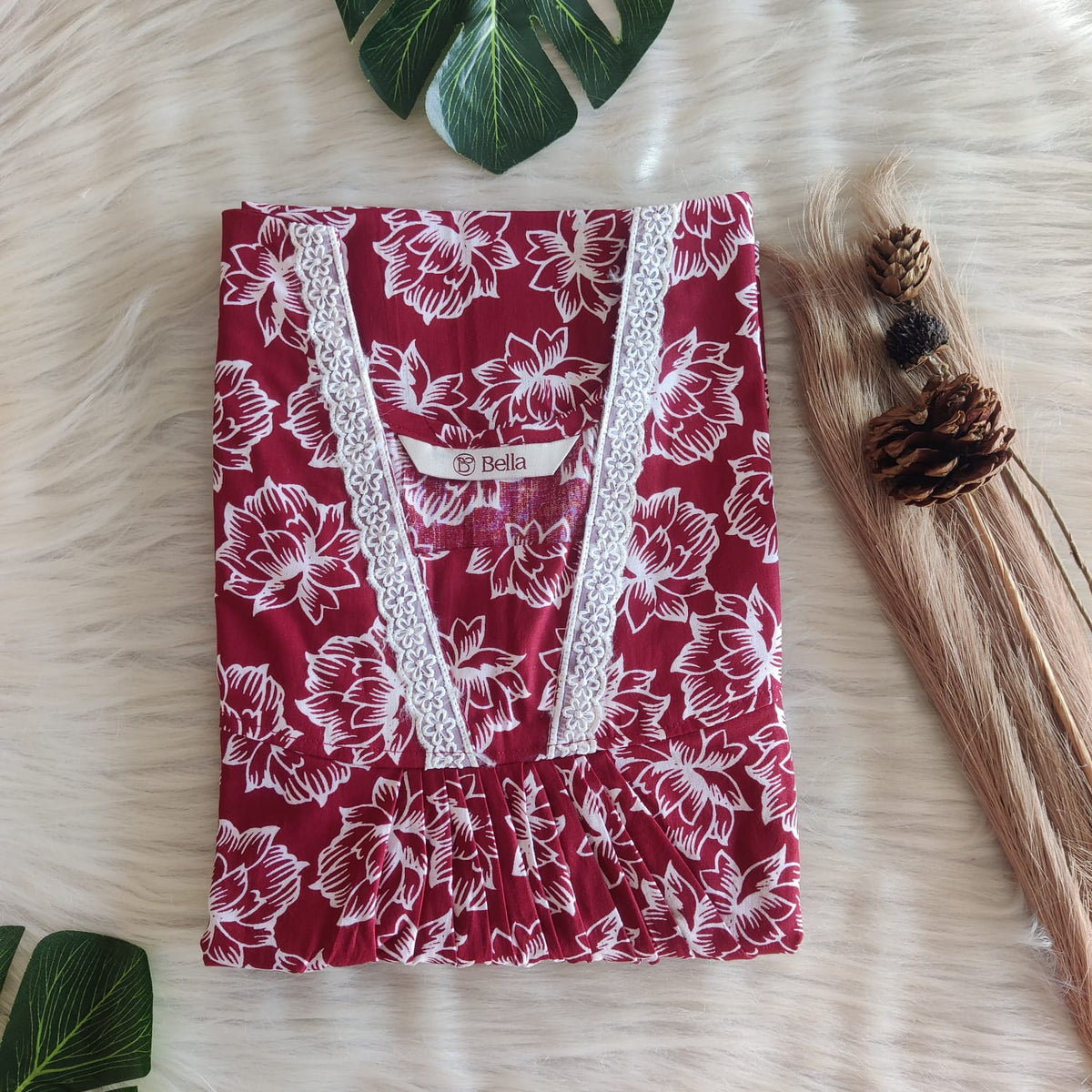 Maroon And White Floral Printed Premium Cotton V-Neck Lace Pleated Nighty | No Zip | Free Size | Chest Width 44″| Length 56″