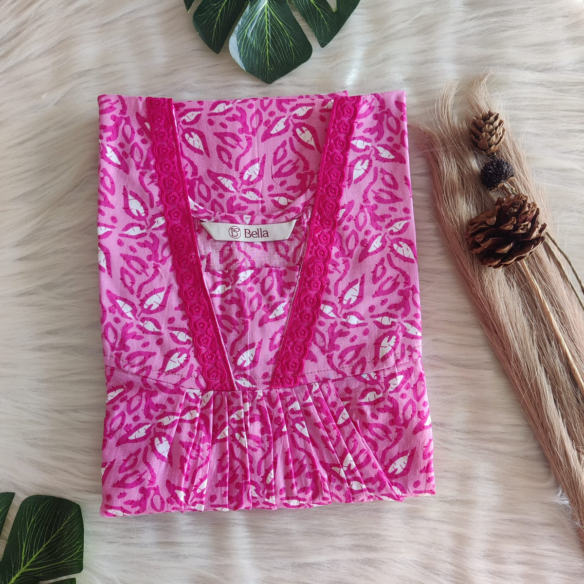 Pink And White Leaf Printed Premium Cotton V-Neck Lace Pleated Nighty | No Zip | Free Size | Chest Width 44″| Length 56″