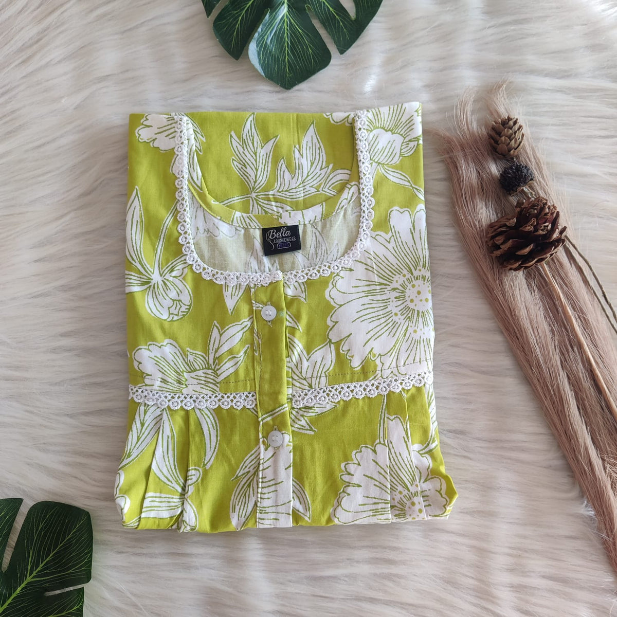 Pista Green Floral Printed Premium Cotton Lace Button Nighty | Free Size | Chest Width 44"| Length 54"-56"