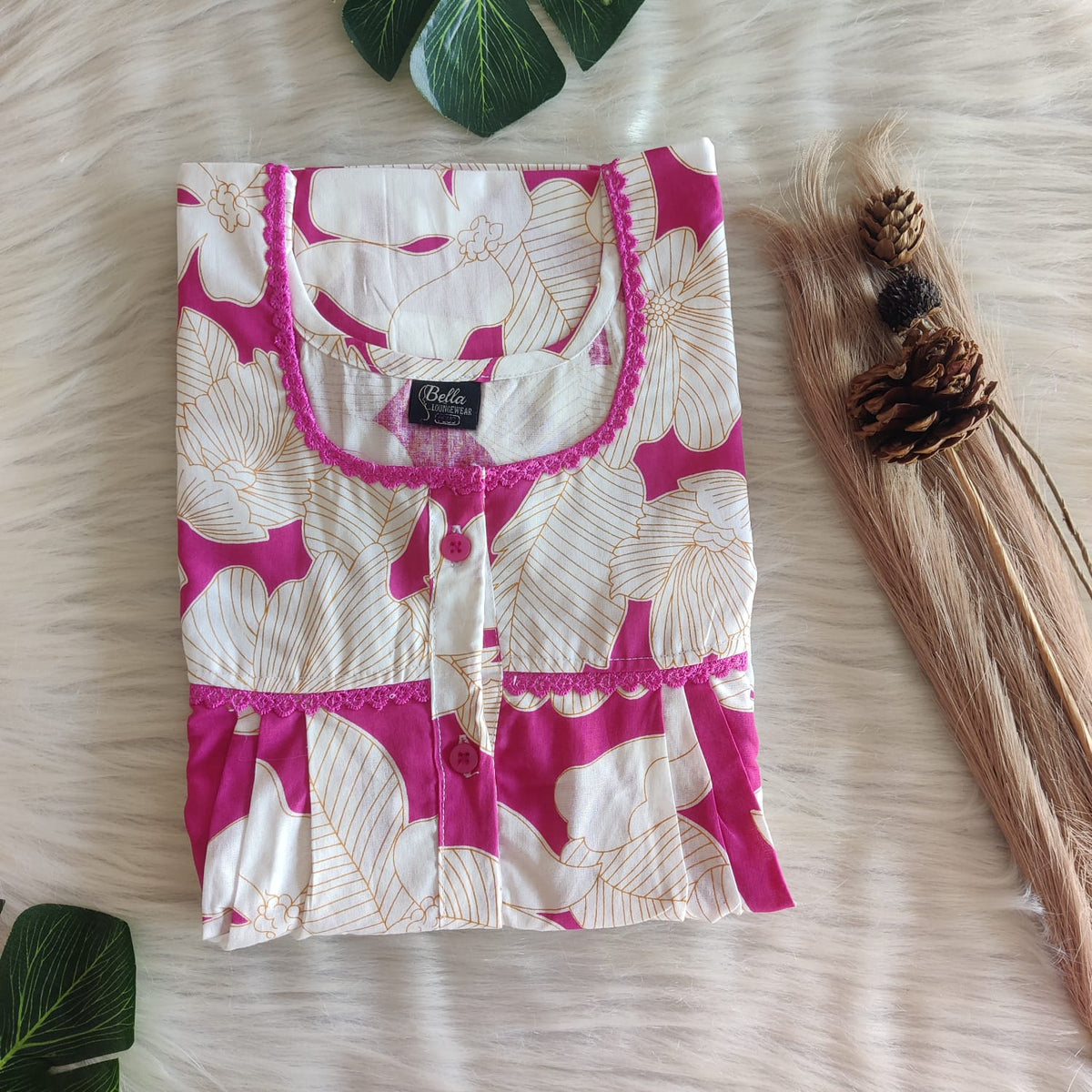 Pink And White Printed Premium Cotton Lace Button Nighty | Free Size | Chest Width 44"| Length 54"-56"