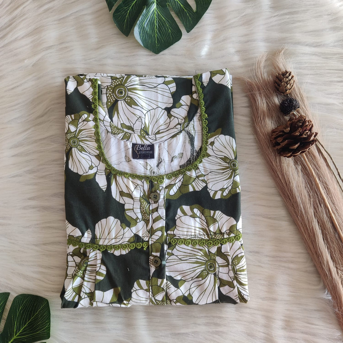 Green And White Floral Printed Premium Cotton Lace Button Nighty | Free Size | Chest Width 44"| Length 54"-56"