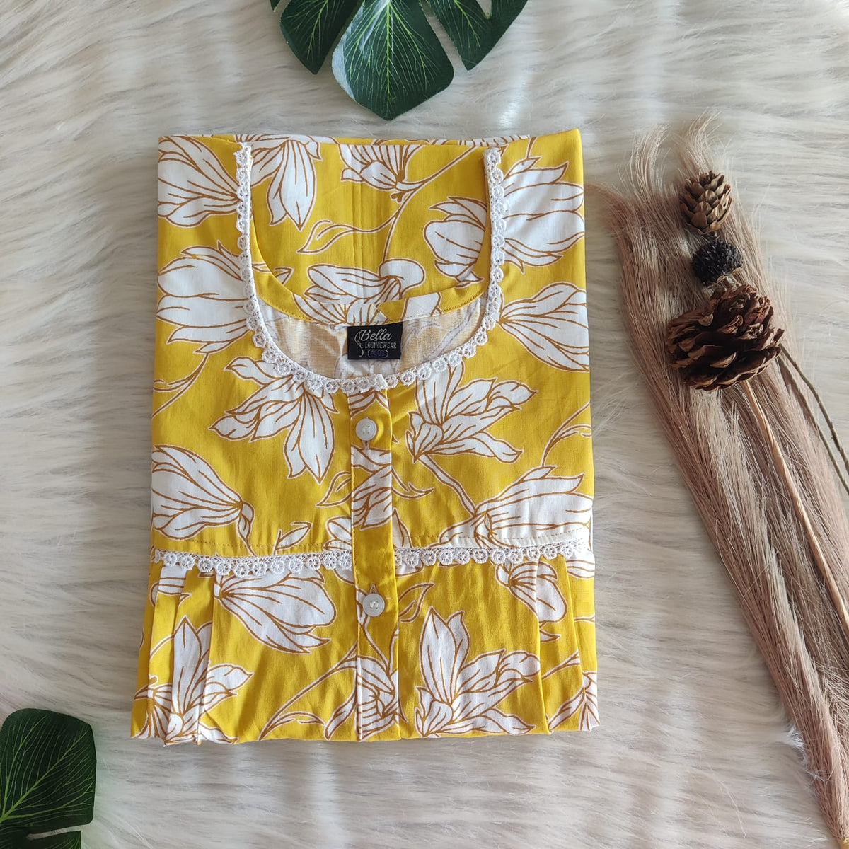 Yellow And White Floral Printed Premium Cotton Lace Button Nighty | Free Size | Chest Width 44"| Length 54"-56"
