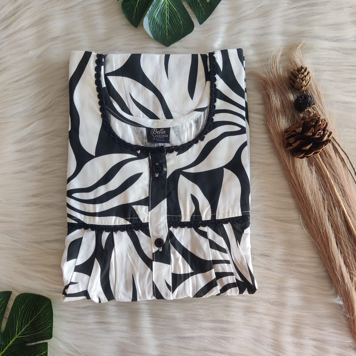 Black And White Printed Premium Cotton Lace Button Nighty | Free Size | Chest Width 44"| Length 54"-56"
