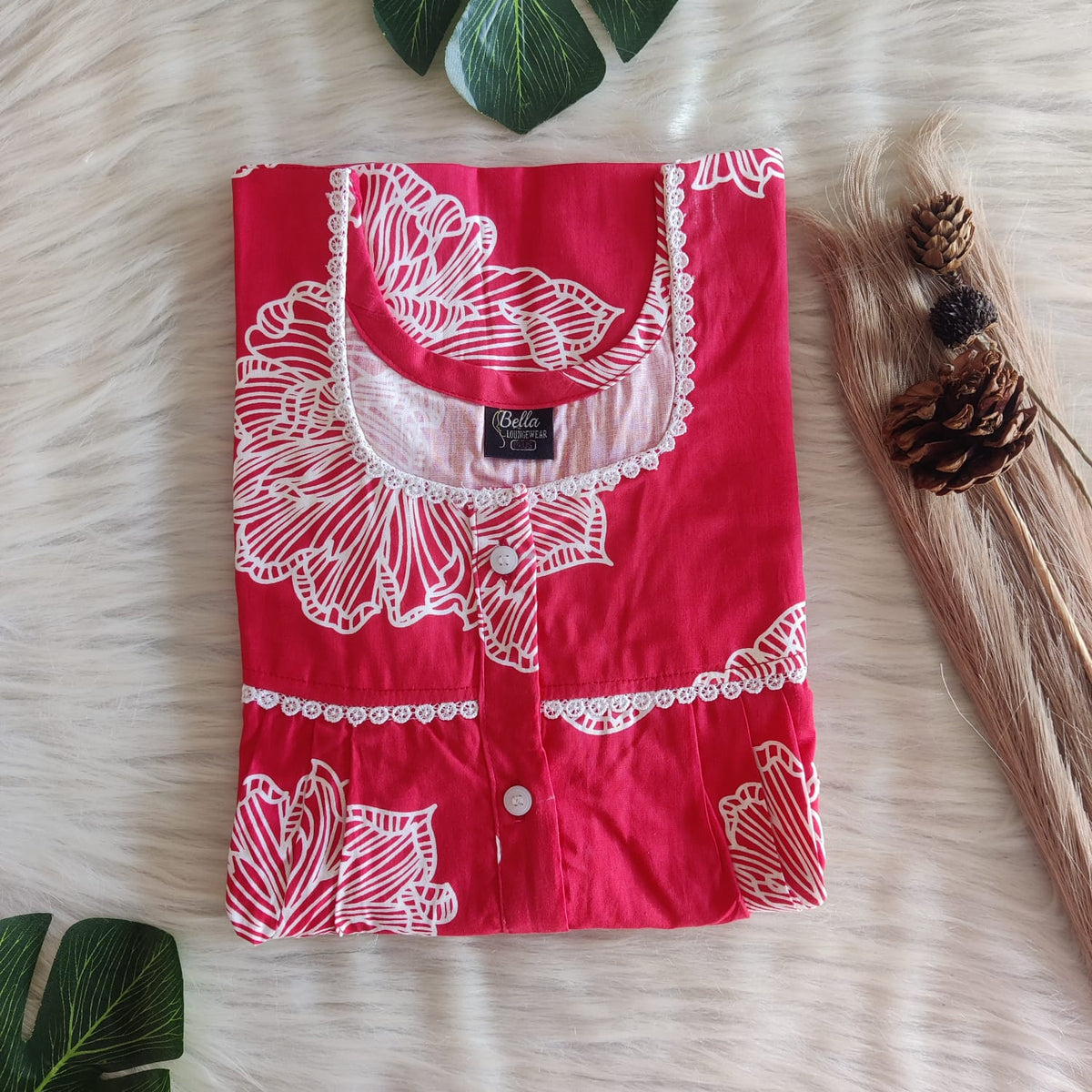 Red And White Floral Printed Premium Cotton Lace Button Nighty | Free Size | Chest Width 44"| Length 54"-56"