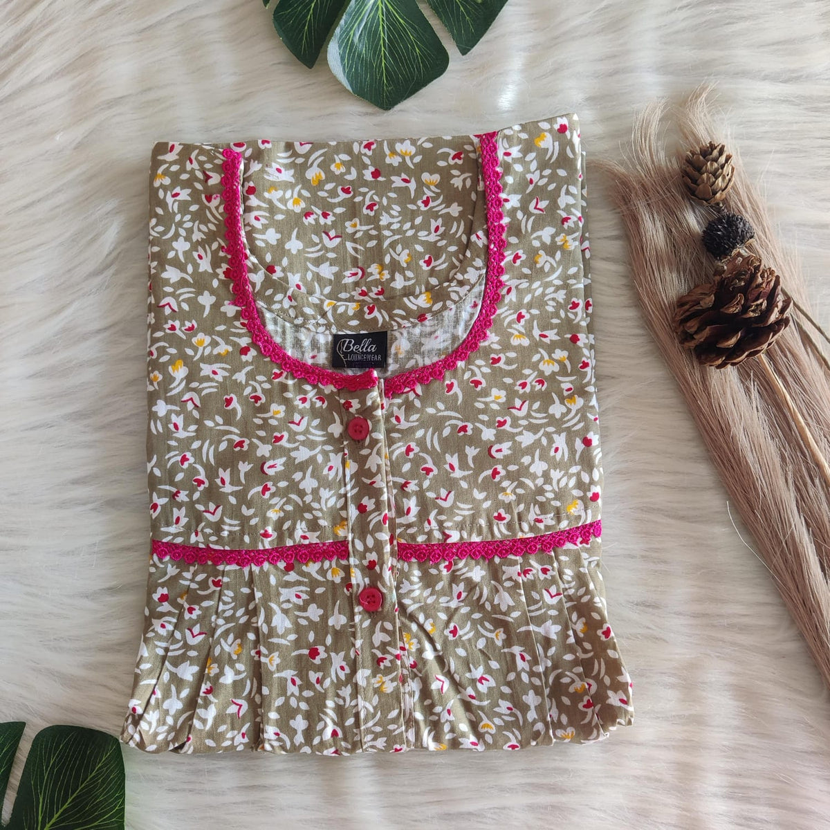 Pastel Green Floral Printed Premium Cotton Lace Button Nighty | Free Size | Chest Width 44"| Length 54"-56"