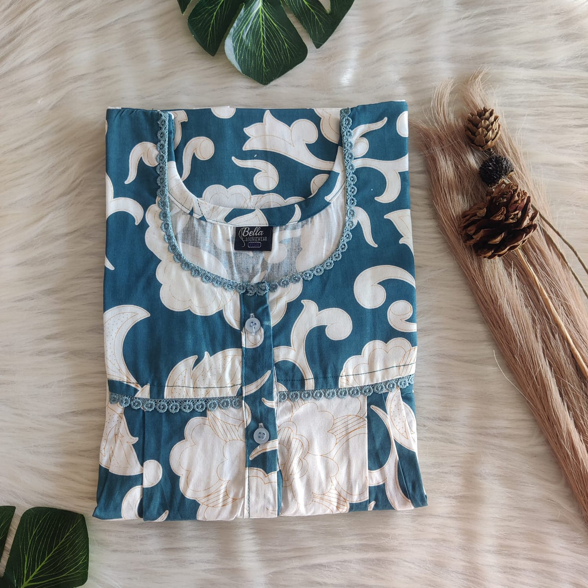 Blue And White Printed Premium Cotton Lace Button Nighty | Free Size | Chest Width 44"| Length 54"-56"