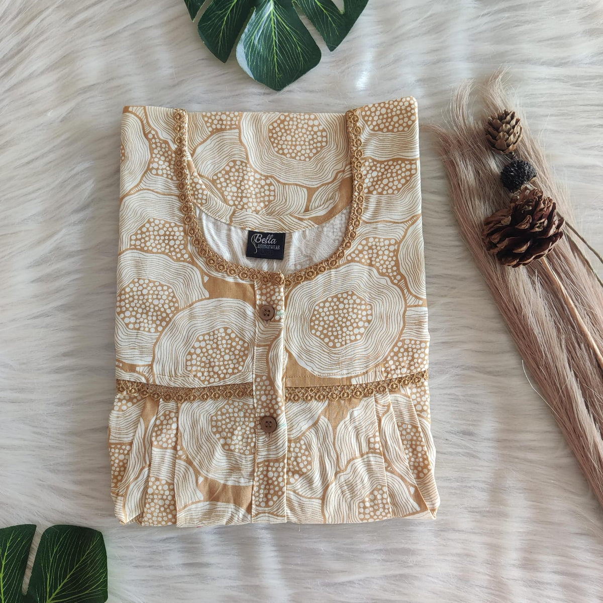 Pale Brown Printed Premium Cotton Lace Button Nighty | Free Size | Chest Width 44"| Length 54"-56"
