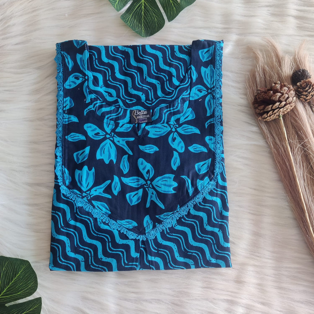 Dark And Pale Blue Printed Premium Cotton Mix N Match Lace Pocket Nighty | Free Size | Chest Width 44″| Length 56″