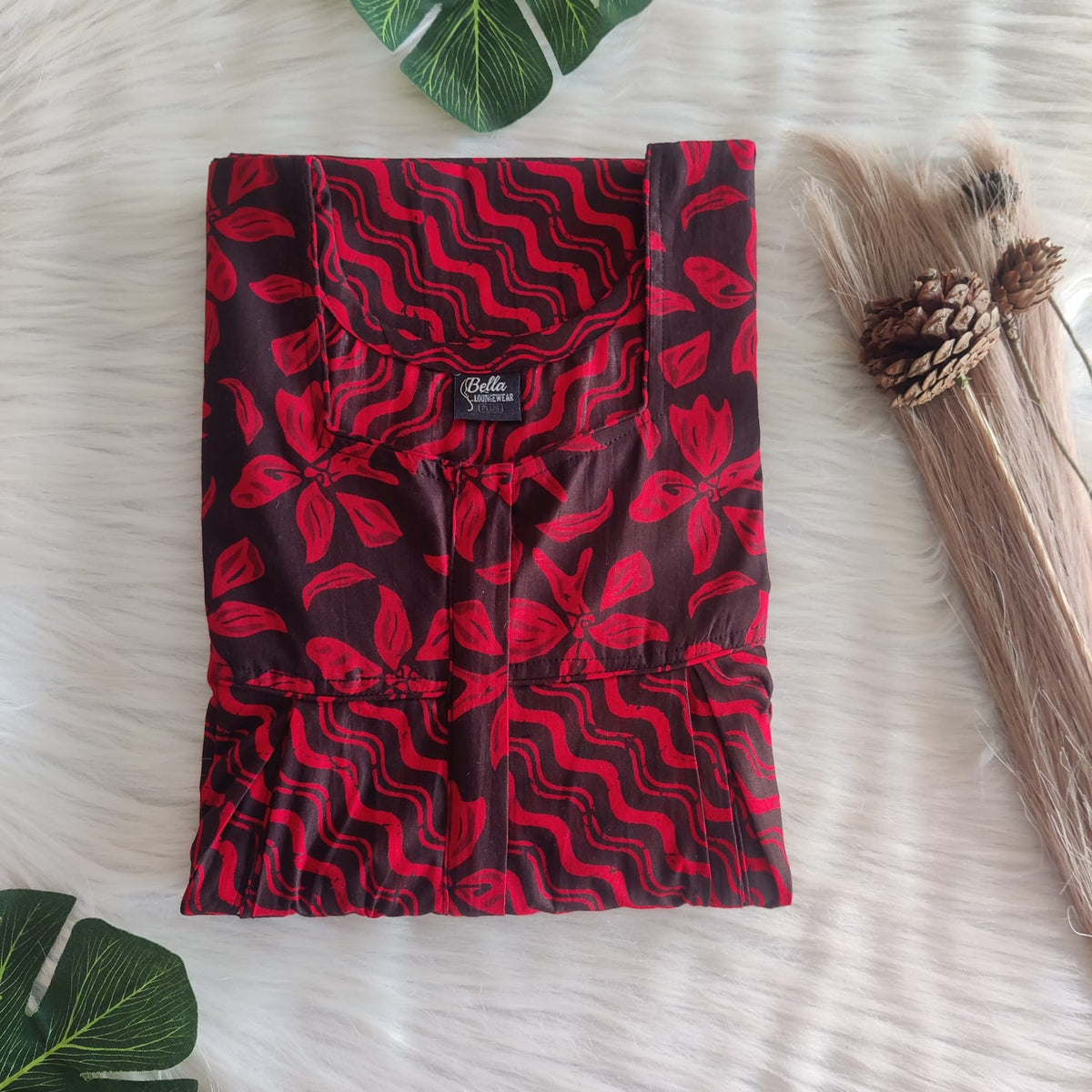 Black And Red Printed Premium Cotton Pleated Vertical Zip Feeding Nighty | Free Size | Chest Width 44″| Length 54″-56″