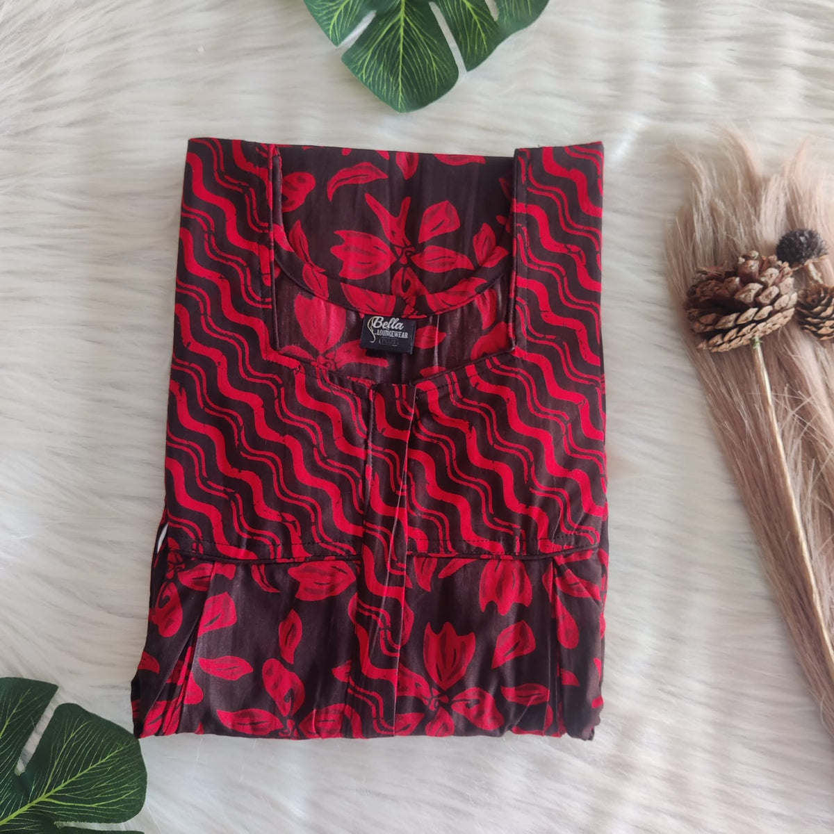 Red And Black Floral Printed Premium Cotton Pleated Vertical Zip Feeding Nighty | Free Size | Chest Width 44″| Length 54″-56″