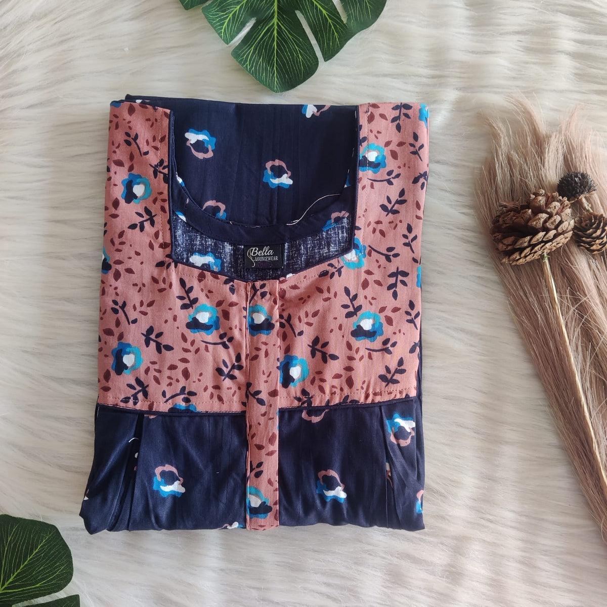 Brown And Navy Blue Printed Premium Cotton Pleated Vertical Zip Feeding Nighty | Free Size | Chest Width 44″| Length 54″-56″