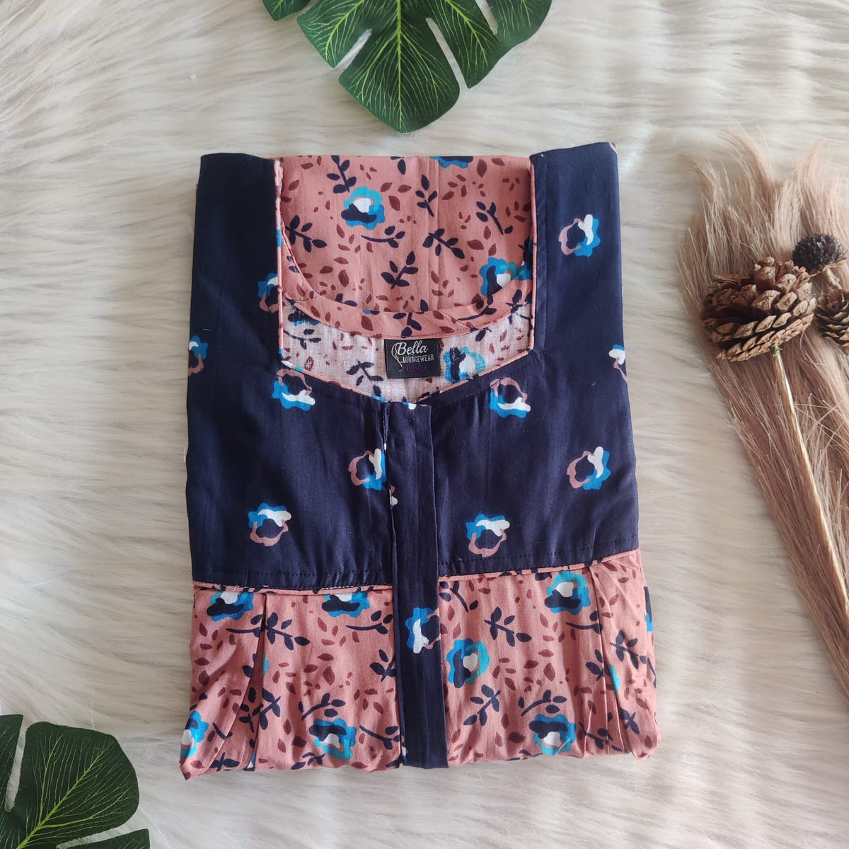 Navy Blue And Brown Printed Premium Cotton Pleated Vertical Zip Feeding Nighty | Free Size | Chest Width 44″| Length 54″-56″