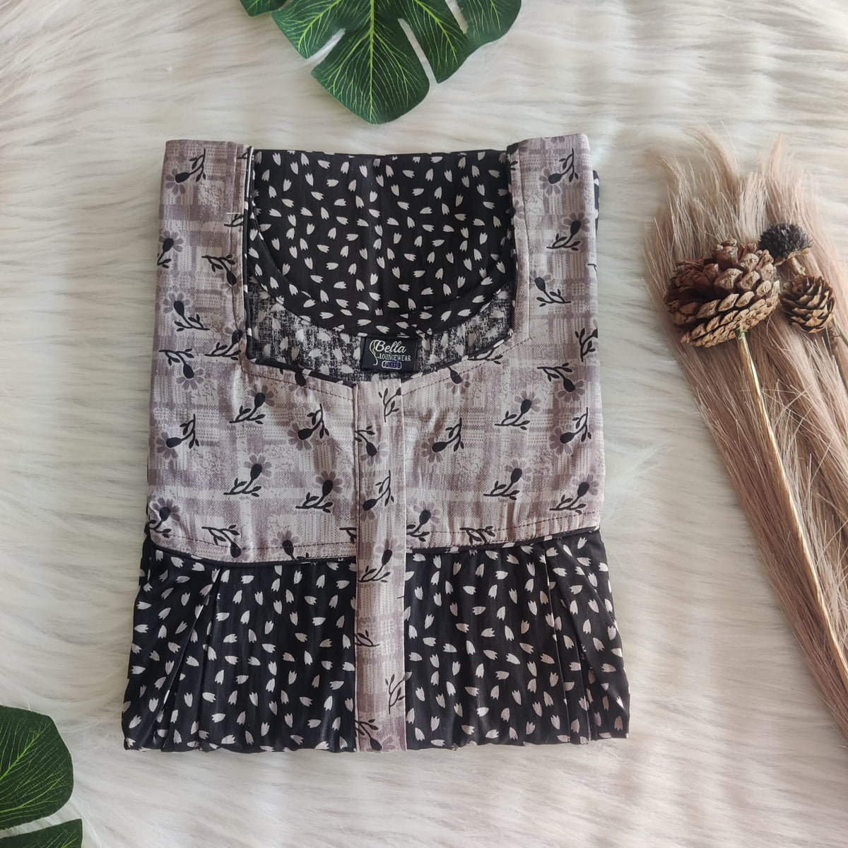 Grey And Black Printed Premium Cotton Pleated Vertical Zip Feeding Nighty | Free Size | Chest Width 44″| Length 54″-56″