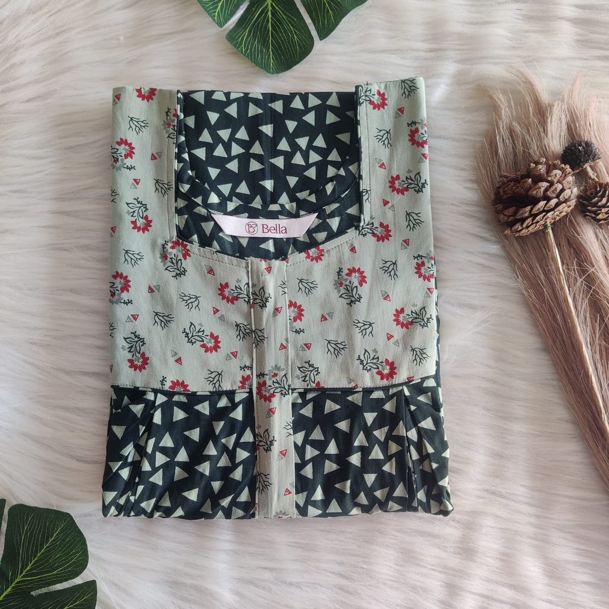 Pale And Dark Green Printed Premium Cotton Pleated Vertical Zip Feeding Nighty | Free Size | Chest Width 44″| Length 54″-56″