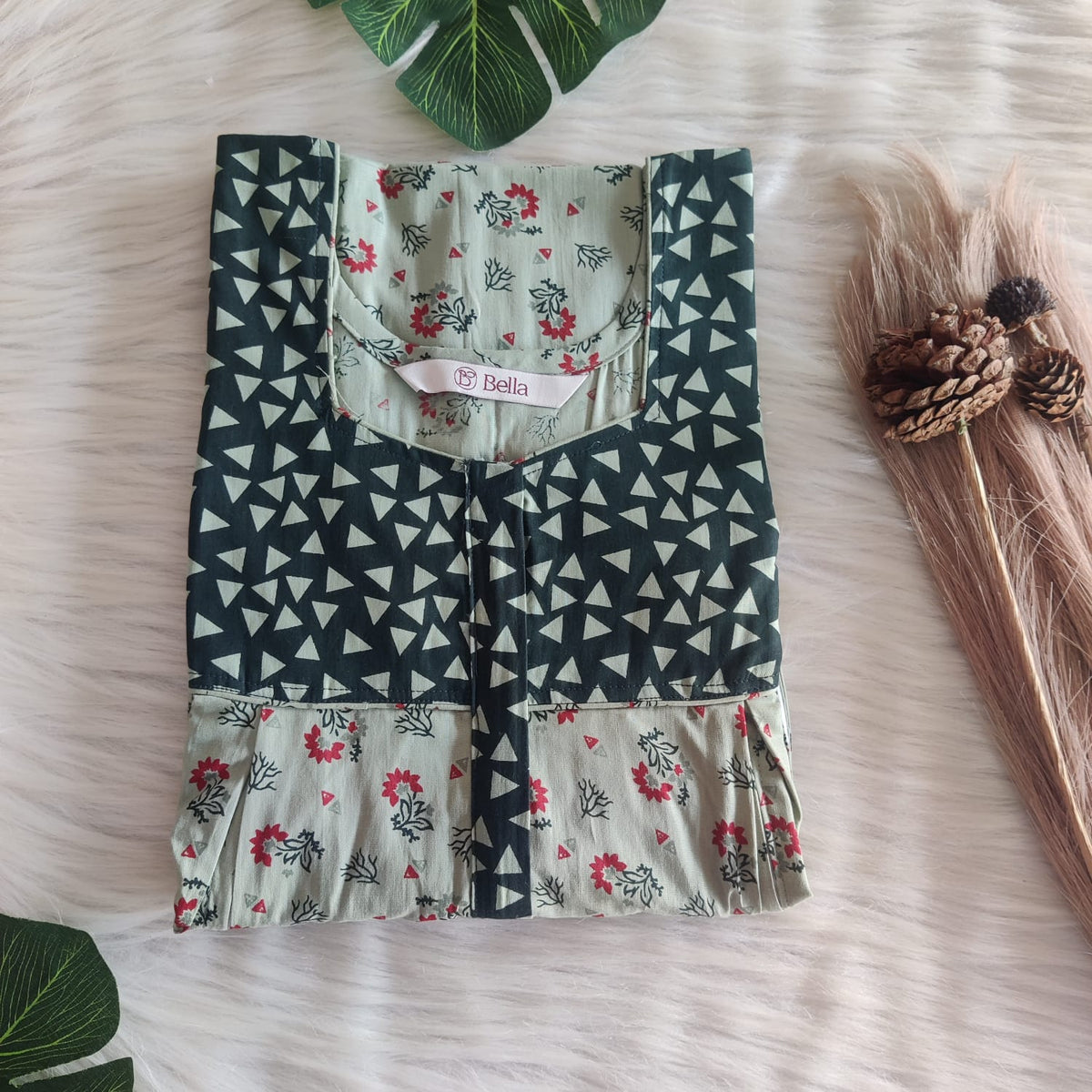 Dark And Pale Green Printed Premium Cotton Pleated Vertical Zip Feeding Nighty | Free Size | Chest Width 44″| Length 54″-56″