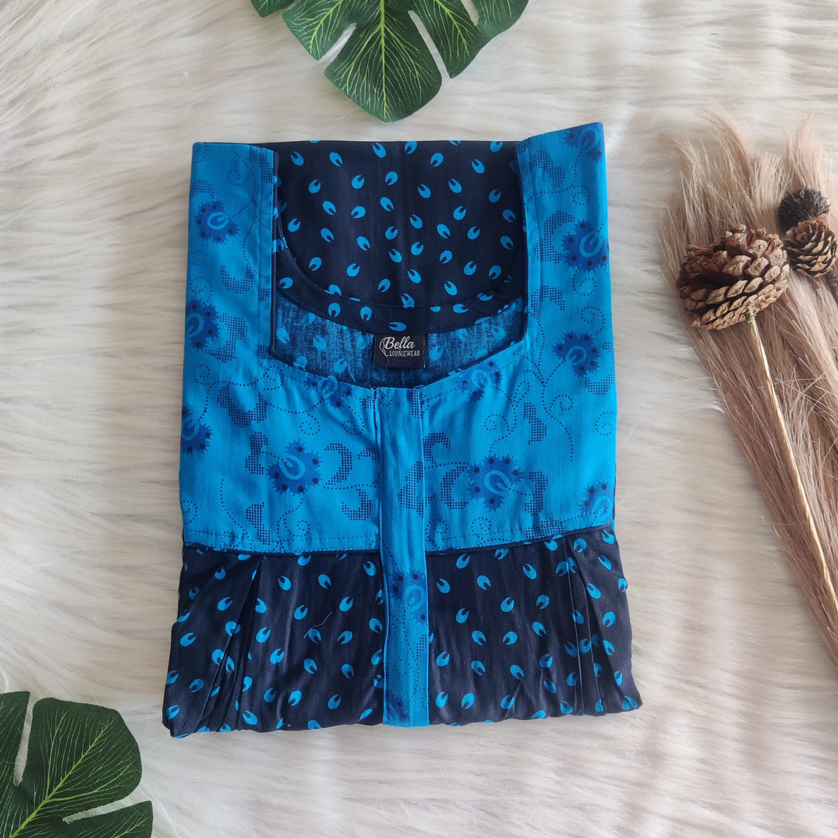 Blue And Black Printed Premium Cotton Pleated Vertical Zip Feeding Nighty | Free Size | Chest Width 44″| Length 54″-56″