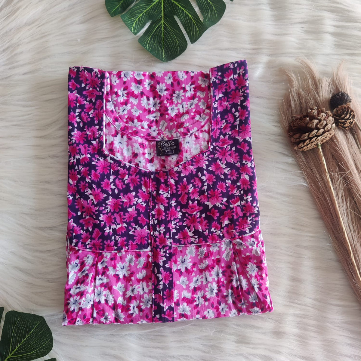 Purple And Pink Floral Printed Premium Cotton Pleated Vertical Zip Feeding Nighty | Free Size | Chest Width 44″| Length 54″-56″