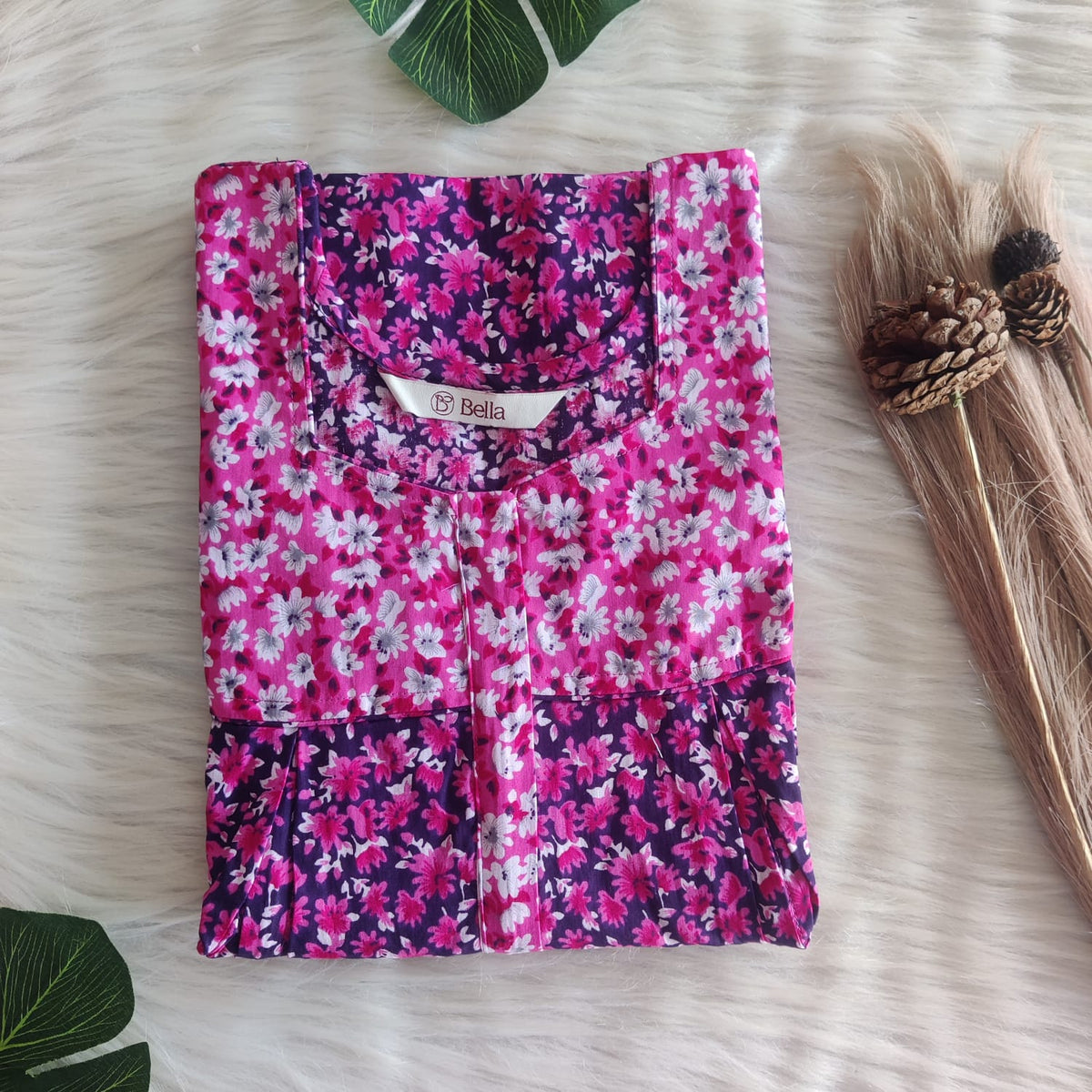Pink And Purple Floral Printed Premium Cotton Pleated Vertical Zip Feeding Nighty | Free Size | Chest Width 44″| Length 54″-56″