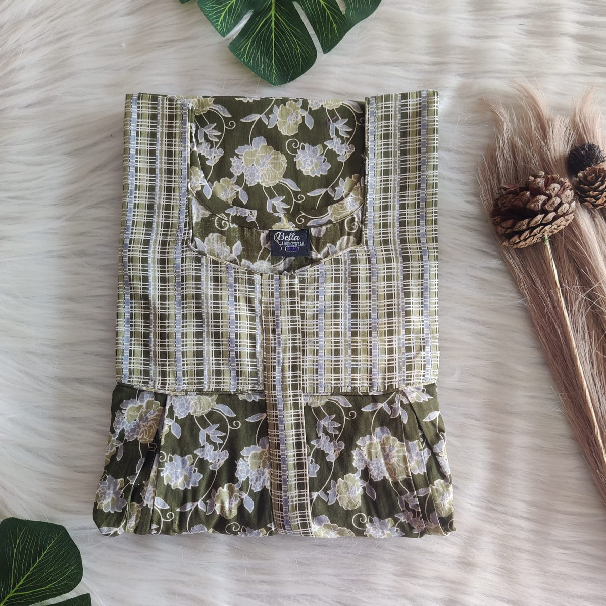 Grey And Green Floral Printed Premium Cotton Pleated Vertical Zip Feeding Nighty | Free Size | Chest Width 44″| Length 54″-56″