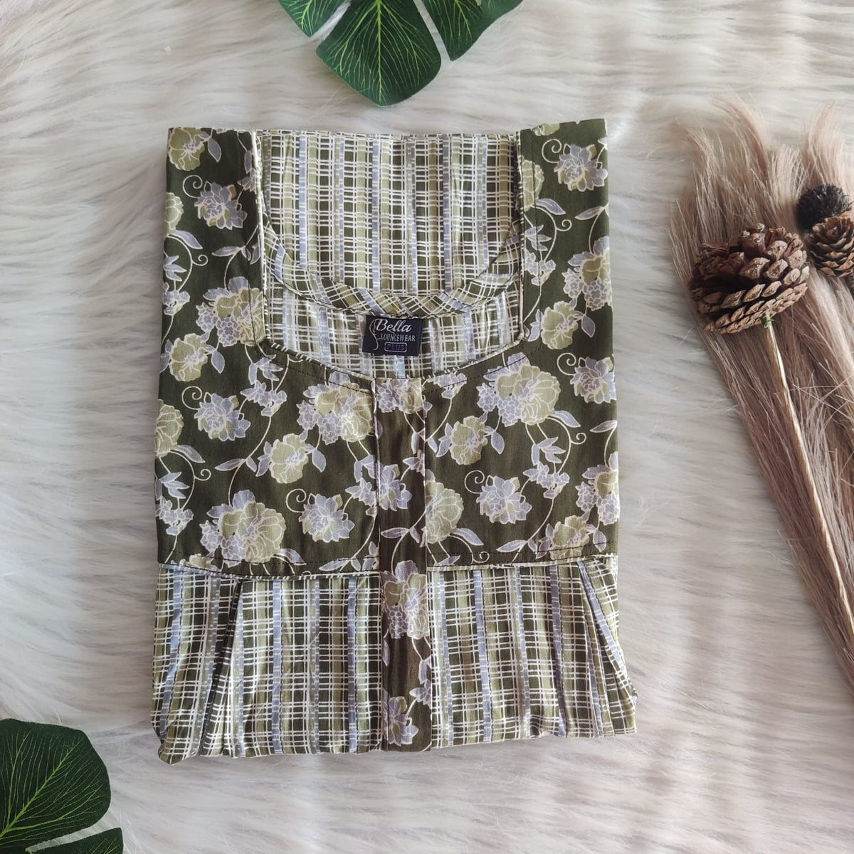 Green And Grey Check Printed Premium Cotton Pleated Vertical Zip Feeding Nighty | Free Size | Chest Width 44″| Length 54″-56″