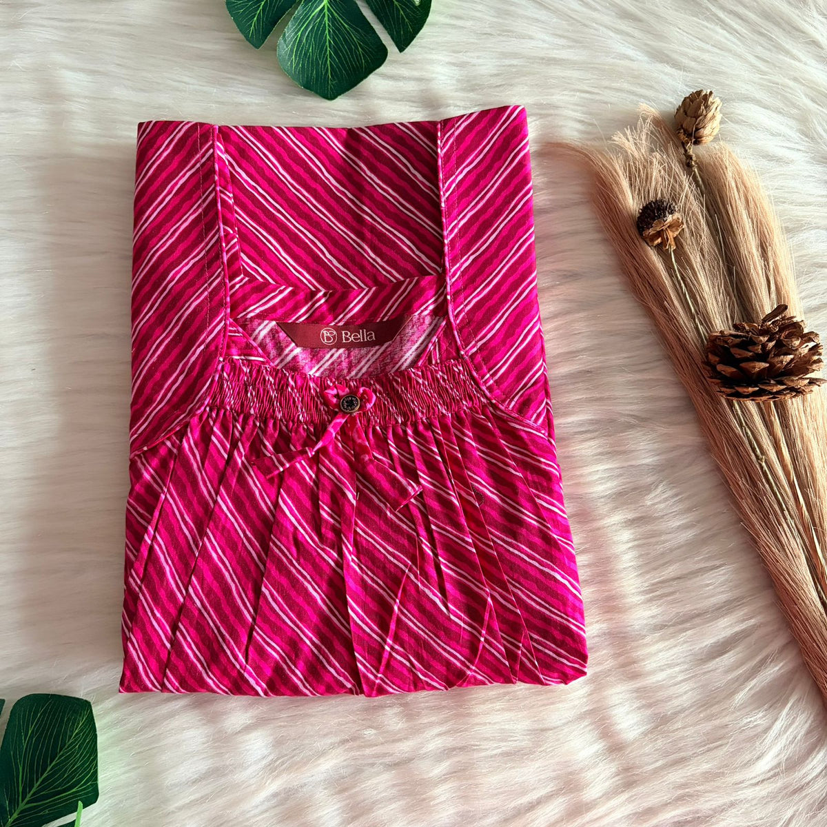 Pink Stripes Printed Premium Cotton Front Elastic Pleated Nighty | Free Size | Chest Width 44″| Length 56″