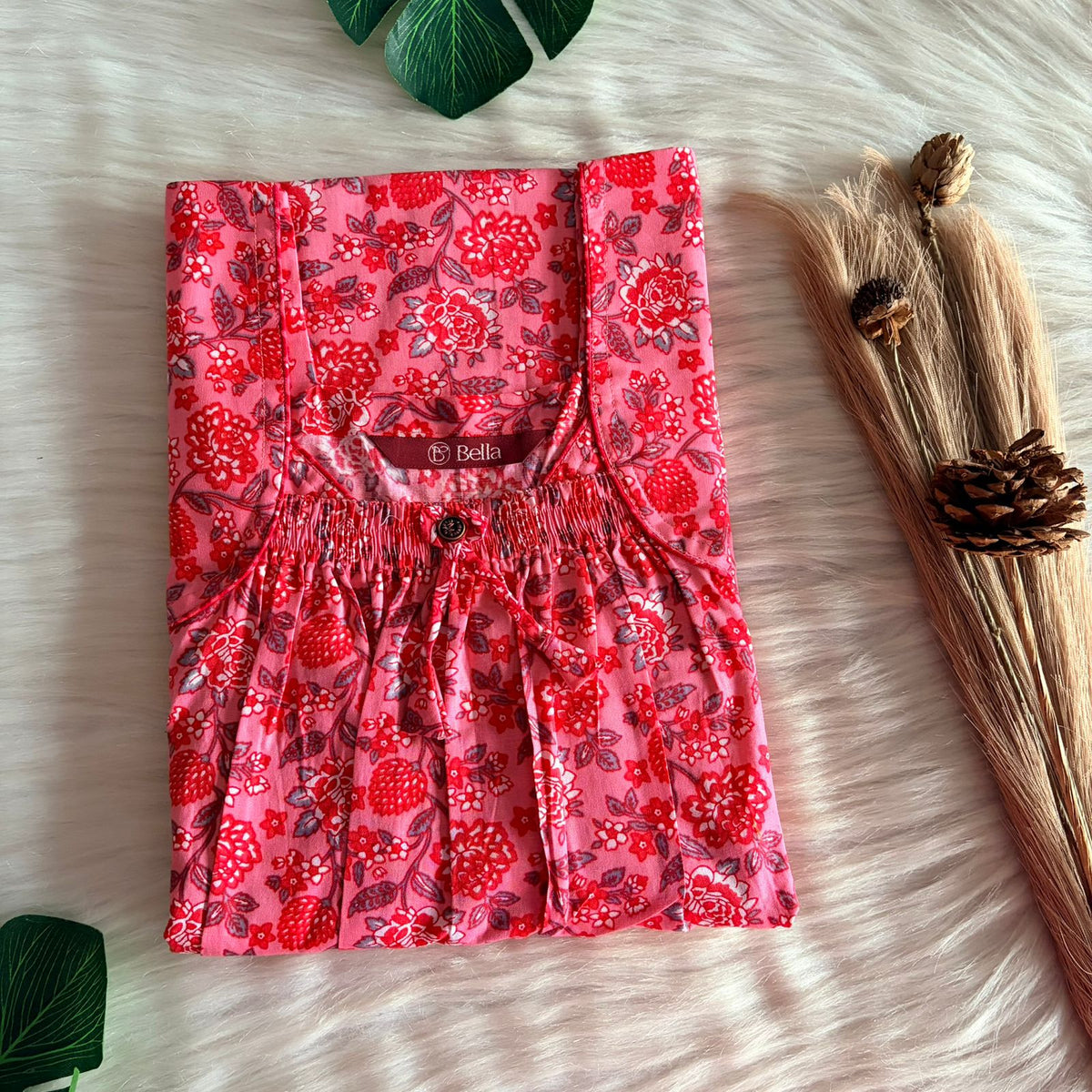 Peach Floral Printed Premium Cotton Front Elastic Pleated Nighty | Free Size | Chest Width 44″| Length 56″