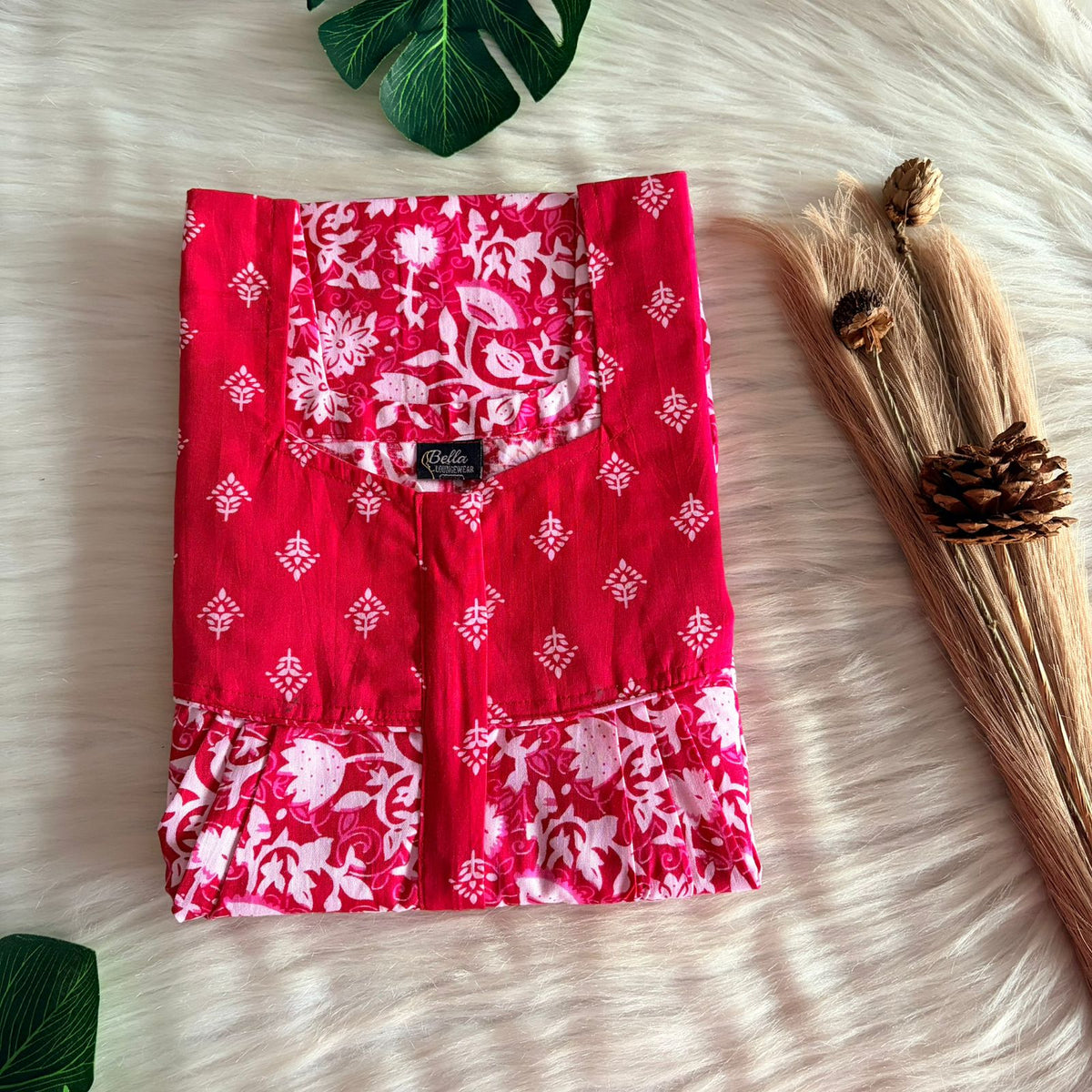 Pink And White Floral Premium Cotton Square Neck Pleated Nighty | Free Size | Chest Width 44″| Length 55″-56″