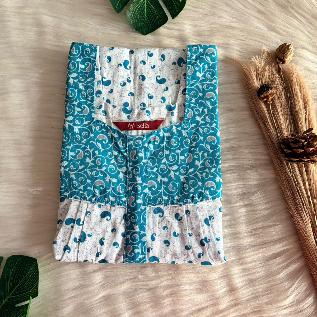 Blue And White Premium Cotton Square Neck Pleated Nighty | Free Size | Chest Width 44″| Length 55″-56″