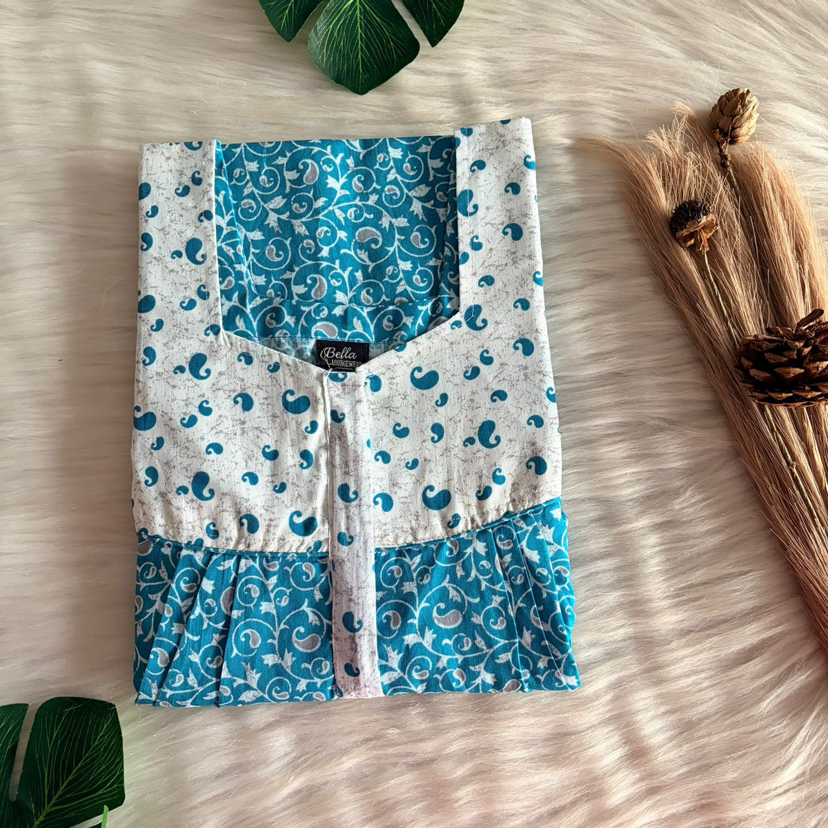 White And Blue Premium Cotton Square Neck Pleated Nighty | Free Size | Chest Width 44″| Length 55″-56″