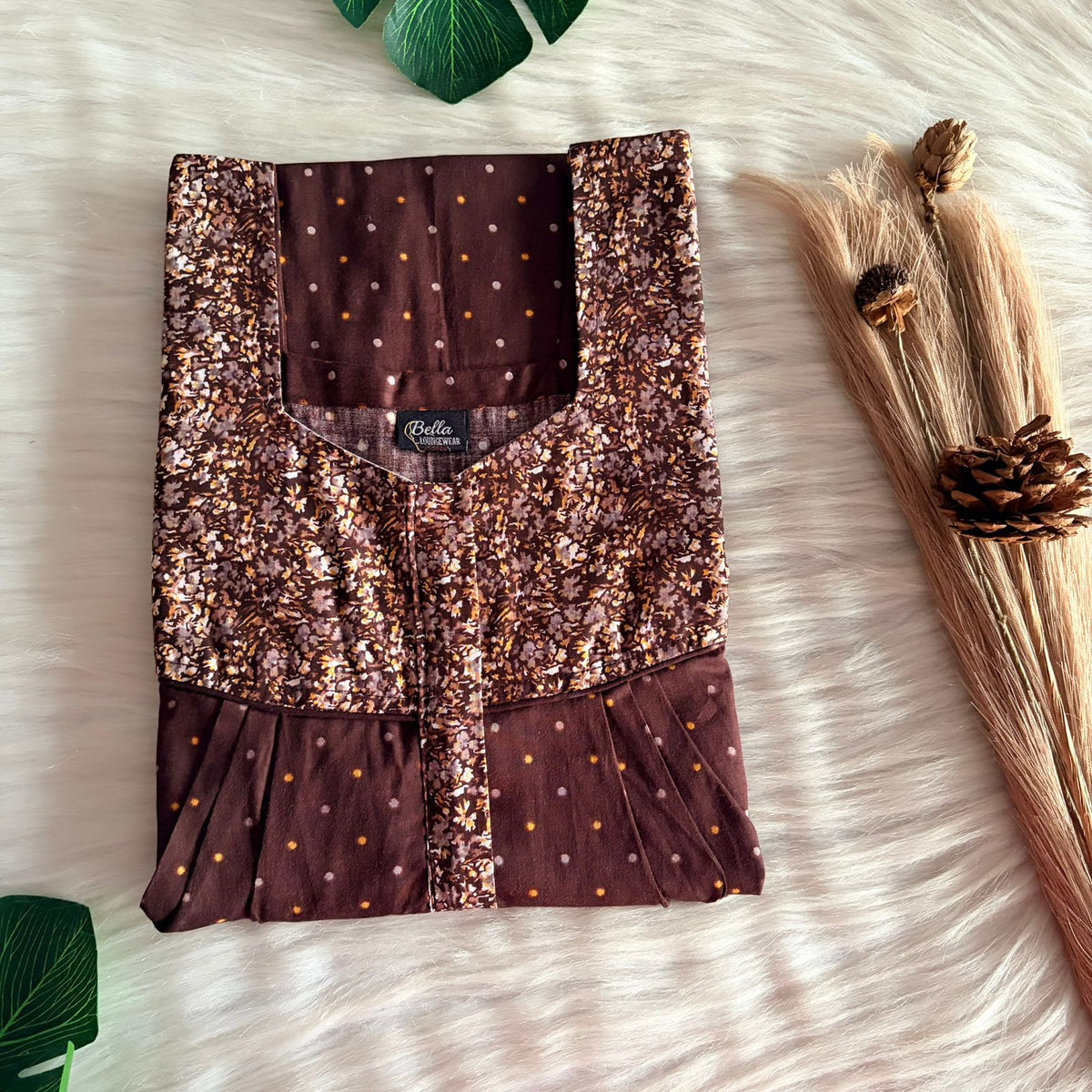 Pale And Dark Brown Dot Premium Cotton Square Neck Pleated Nighty | Free Size | Chest Width 44″| Length 55″-56″