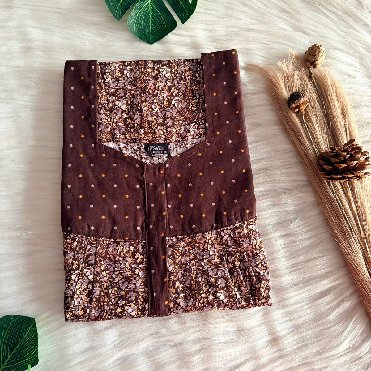 Dark And Pale Brown Premium Cotton Square Neck Pleated Nighty | Free Size | Chest Width 44″| Length 55″-56″