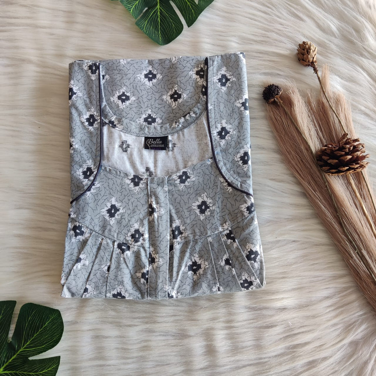 Grey Ikat Printed Pure Cotton Pleated Zip Nighty | Free Size | Chest Width 44″| Length 54″-55″